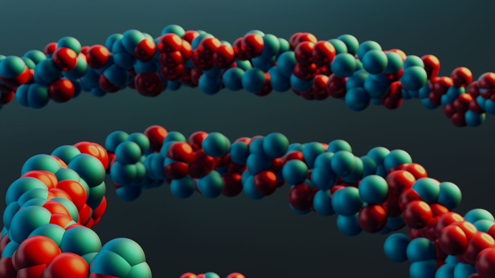 Modèle moléculaire en 3D, chaînes de sphères bleues et rouges