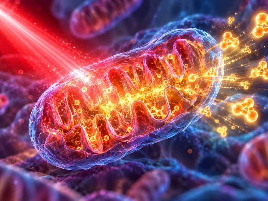 Mitochondrie activ&eacute;e par la lumi&egrave;re rouge, illustration de la photobiomodulation